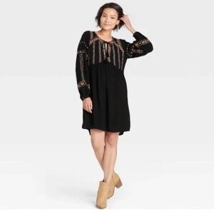 Knox Rose Black Embroidered Long-Sleeve Gauze Babydoll Dress